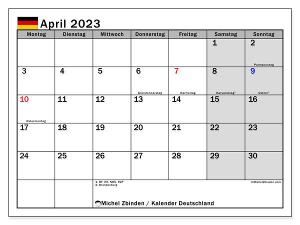 Calendrier avril 2023, Allemagne (DE), prêt à imprimer et gratuit.