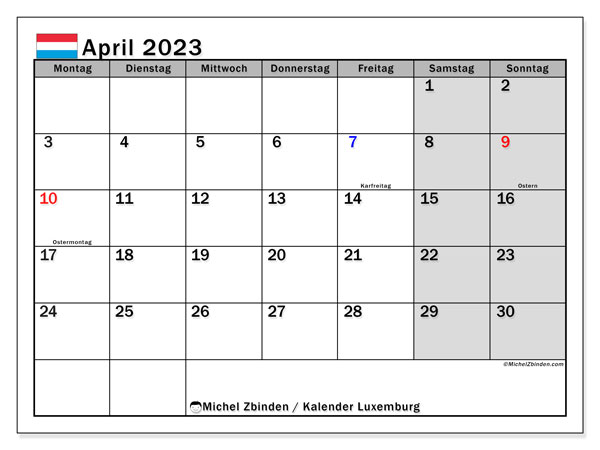 Kalender mit Feiertagen in Luxemburg, April 2023, zum Ausdrucken, kostenlos. Kostenlos ausdruckbarer Plan