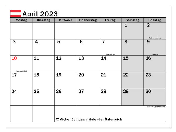Österreich, Kalender April 2023, zum Ausdrucken, kostenlos.