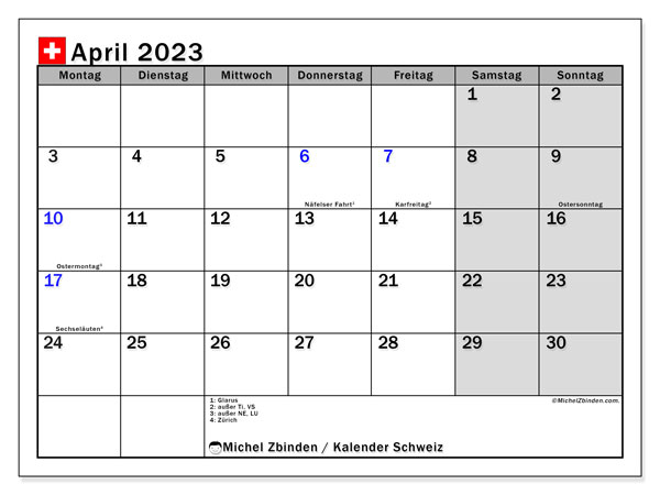 Calendrier avril 2023, Suisse (DE), prêt à imprimer et gratuit.