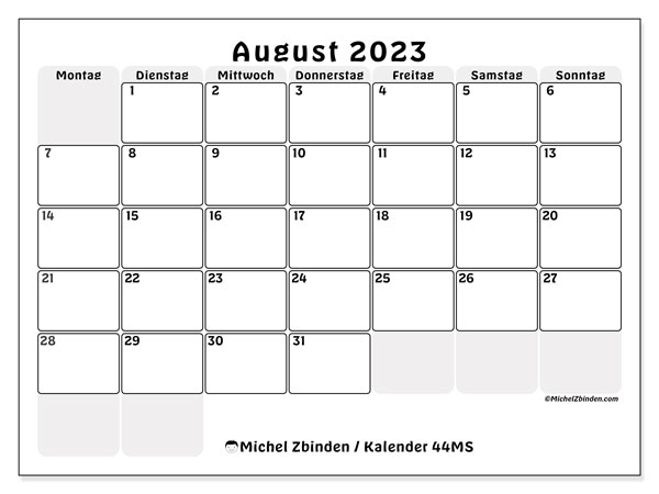 Kalender August 2023, 44MS. Programm zum Ausdrucken kostenlos.