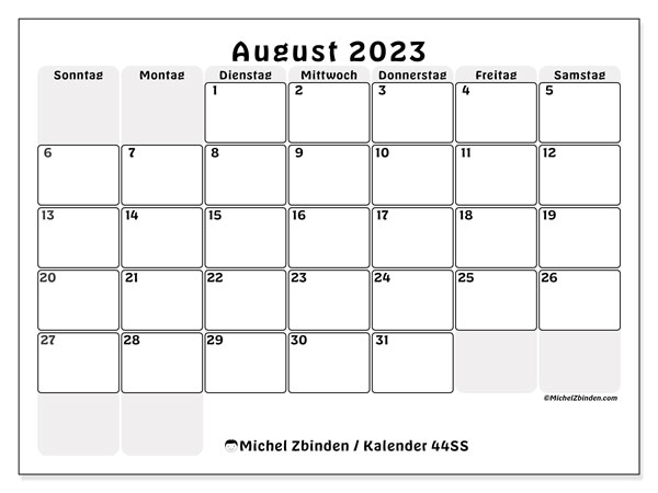 Kalender August 2023, 44SS. Plan zum Ausdrucken kostenlos.