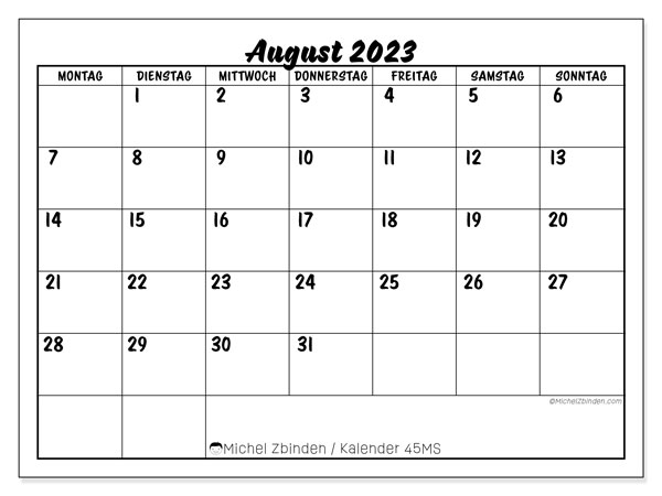 Kalender August 2023, 45MS. Plan zum Ausdrucken kostenlos.