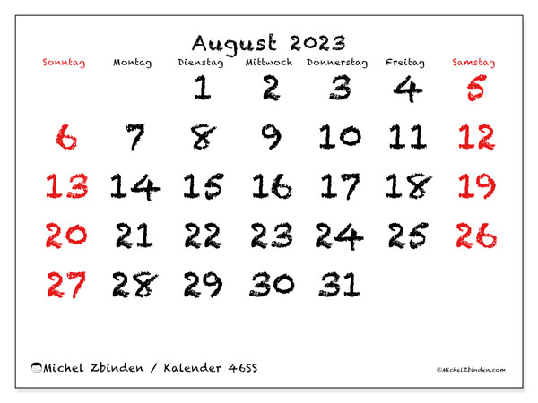 Kalender August 2023, 46SS. Plan zum Ausdrucken kostenlos.