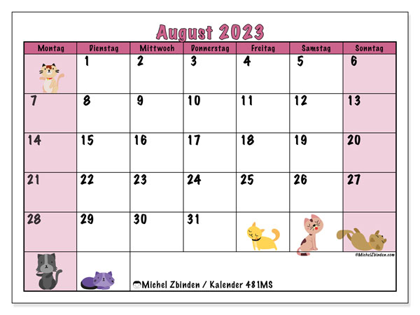 Kalender August 2023, 481MS. Programm zum Ausdrucken kostenlos.