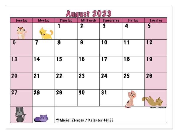 Kalender August 2023, 481SS. Programm zum Ausdrucken kostenlos.