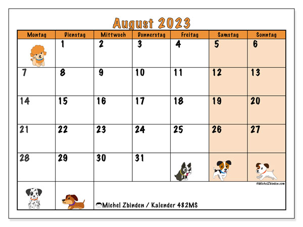 Kalender August 2023, 482MS. Programm zum Ausdrucken kostenlos.