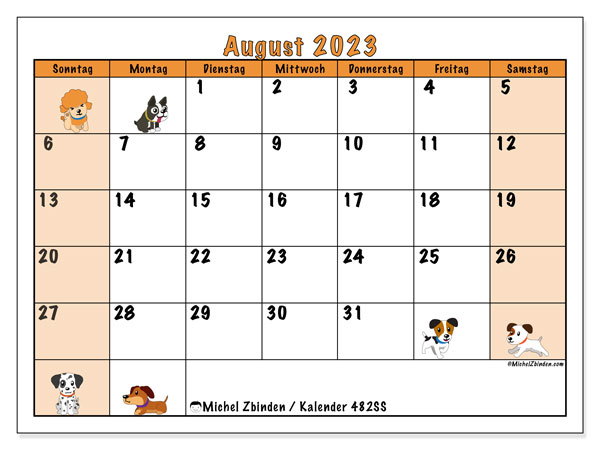 Kalender August 2023, 482SS. Programm zum Ausdrucken kostenlos.