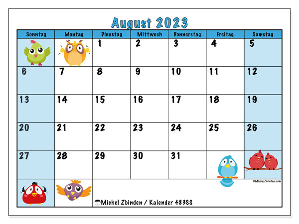 Kalender August 2023, 483SS. Programm zum Ausdrucken kostenlos.