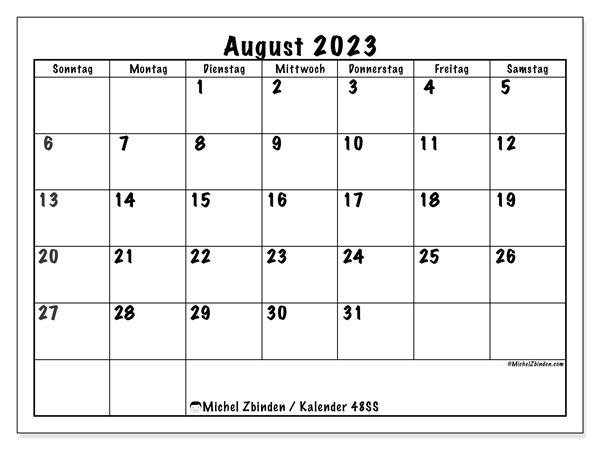 Kalender August 2023, 48SS. Plan zum Ausdrucken kostenlos.