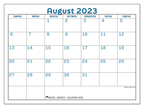 Kalender August 2023, 49SS. Programm zum Ausdrucken kostenlos.
