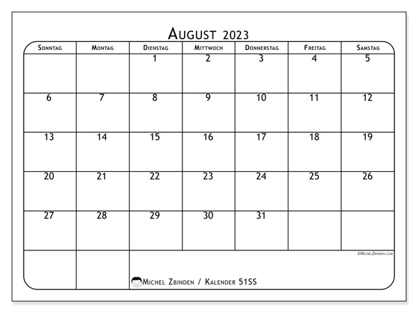 Kalender August 2023, 51SS. Plan zum Ausdrucken kostenlos.