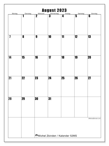 Kalender August 2023, 52MS. Plan zum Ausdrucken kostenlos.