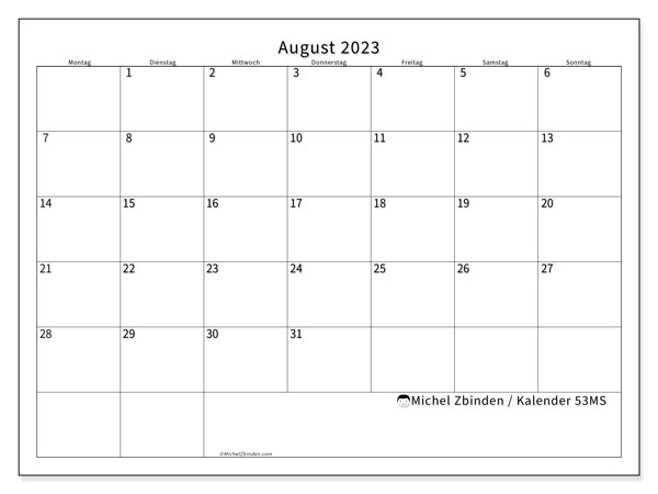 53MS-Kalender, August 2023, zum Ausdrucken, kostenlos. Kostenloser druckbarer Zeitplan