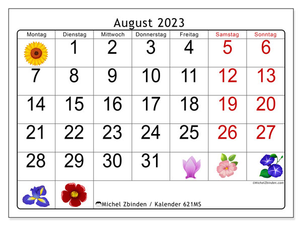 Kalender August 2023, 621MS. Programm zum Ausdrucken kostenlos.