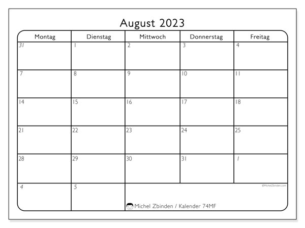 Kalender August 2023, 74SS. Plan zum Ausdrucken kostenlos.
