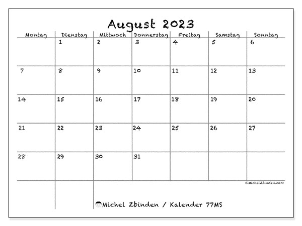 77MS, Kalender August 2023, zum Ausdrucken, kostenlos.