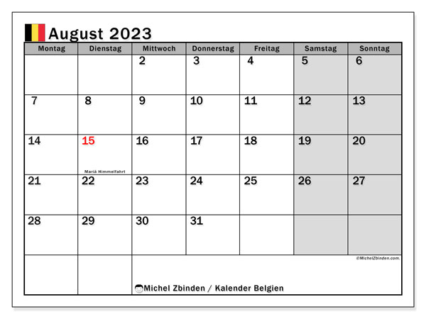 Calendário Agosto 2023, Bélgica (DE). Calendário gratuito para imprimir.