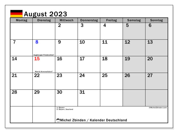 Kalender august 2023, Tyskland (DE). Gratis program til print.