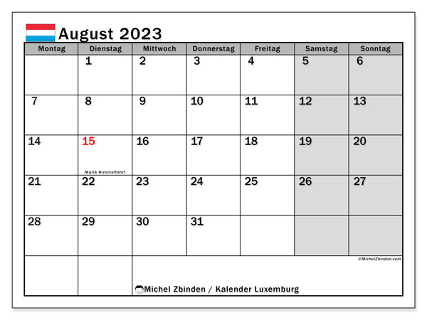 Calendario agosto 2023, Lussemburgo (DE). Orario da stampare gratuito.