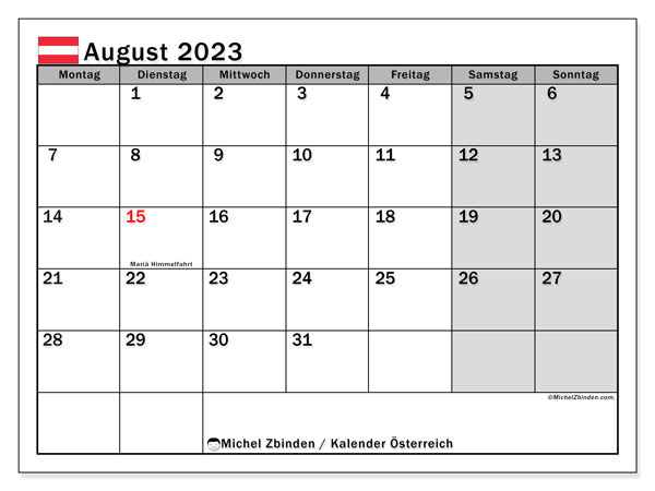 Calendrier août 2023, Autriche (DE), prêt à imprimer et gratuit.