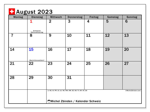 Kalender augustus 2023, Zwitserland (DE). Gratis printbare kaart.