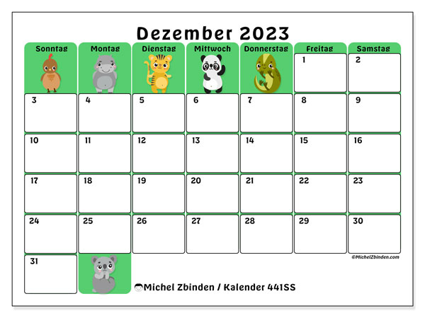 Kalender Dezember 2023 “441”. Plan zum Ausdrucken kostenlos.. Sonntag bis Samstag