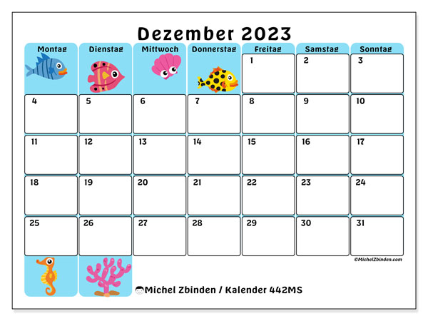 Kalender Dezember 2023 “442”. Plan zum Ausdrucken kostenlos.. Montag bis Sonntag