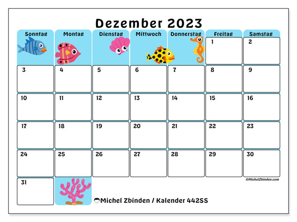 Kalender Dezember 2023 “442”. Programm zum Ausdrucken kostenlos.. Sonntag bis Samstag