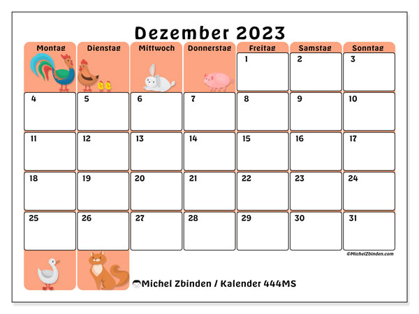 Kalender Dezember 2023 “444”. Plan zum Ausdrucken kostenlos.. Montag bis Sonntag
