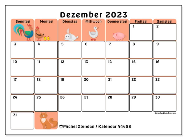Kalender Dezember 2023 “444”. Plan zum Ausdrucken kostenlos.. Sonntag bis Samstag