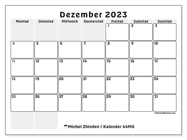Kalender Dezember 2023 zum ausdrucken. Monatskalender “44MS” und kostenlos ausdruckbare Planer