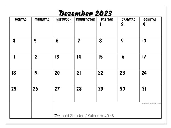 Kalender Dezember 2023 “45”. Plan zum Ausdrucken kostenlos.. Montag bis Sonntag