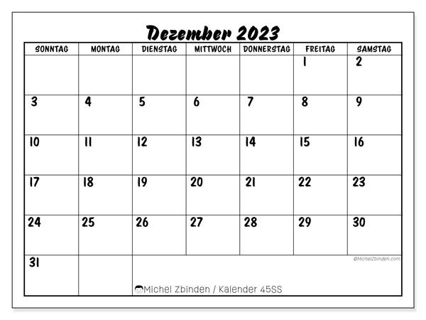 Kalender Dezember 2023 “45”. Kalender zum Ausdrucken kostenlos.. Sonntag bis Samstag