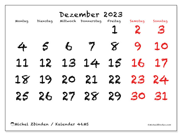 Kalender Dezember 2023, 46MS. Programm zum Ausdrucken kostenlos.