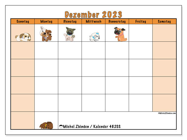 Kalender Dezember 2023 “482”. Programm zum Ausdrucken kostenlos.. Sonntag bis Samstag