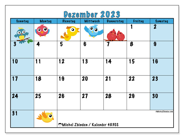 Kalender Dezember 2023 “483”. Plan zum Ausdrucken kostenlos.. Sonntag bis Samstag