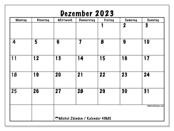 Kalender Dezember 2023, 48MS. Programm zum Ausdrucken kostenlos.