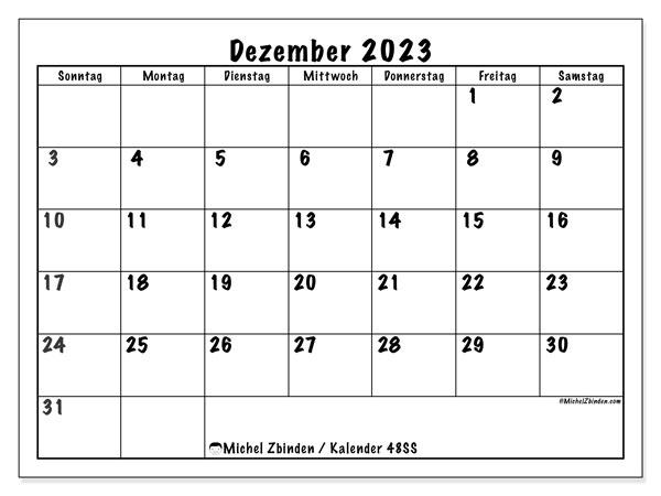 Kalender Dezember 2023 “48”. Programm zum Ausdrucken kostenlos.. Sonntag bis Samstag