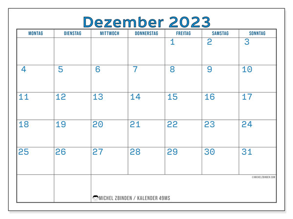 Kalender Dezember 2023 “49”. Plan zum Ausdrucken kostenlos.. Montag bis Sonntag