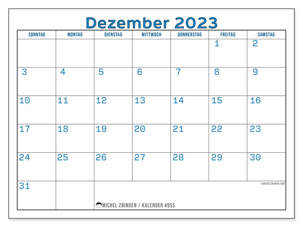 Kalender Dezember 2023 “49”. Plan zum Ausdrucken kostenlos.. Sonntag bis Samstag