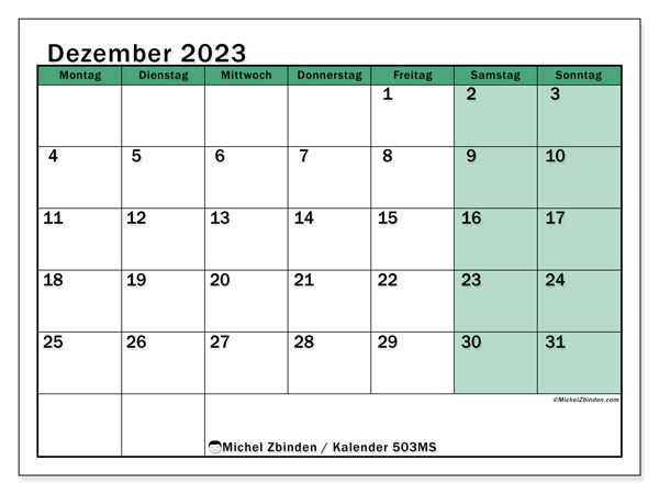 Kalender Dezember 2023 “503”. Programm zum Ausdrucken kostenlos.. Montag bis Sonntag