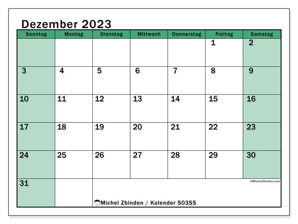 Kalender Dezember 2023, 503SS. Programm zum Ausdrucken kostenlos.