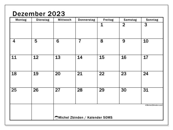 Kalender Dezember 2023 “50”. Plan zum Ausdrucken kostenlos.. Montag bis Sonntag