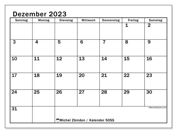 Kalender Dezember 2023 “50”. Plan zum Ausdrucken kostenlos.. Sonntag bis Samstag