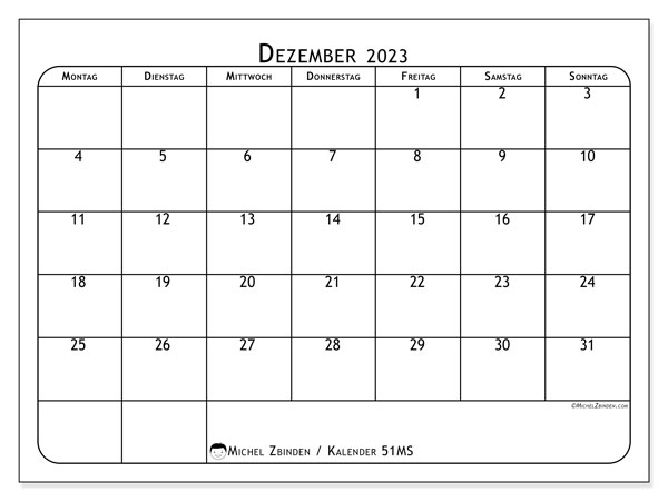 Kalender Dezember 2023 “51”. Programm zum Ausdrucken kostenlos.. Montag bis Sonntag
