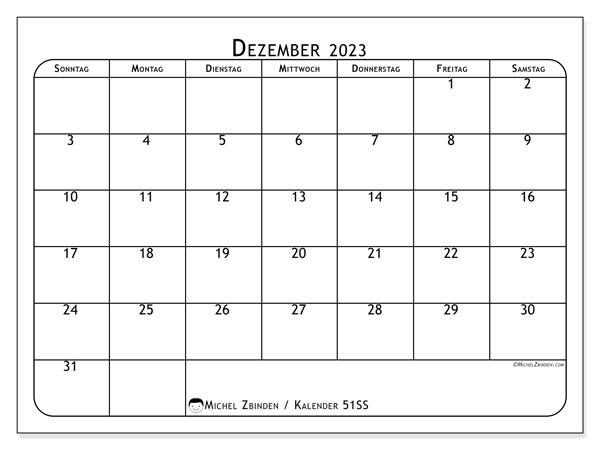 Kalender Dezember 2023 “51”. Programm zum Ausdrucken kostenlos.. Sonntag bis Samstag