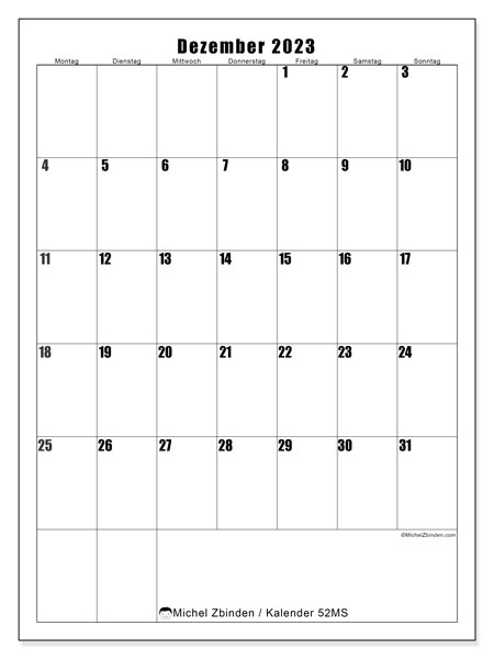 Kalender Dezember 2023 zum ausdrucken. Monatskalender “52MS” und Planer zum kostenlosen ausdrucken
