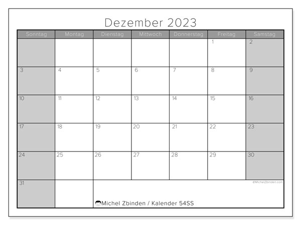 Kalender Dezember 2023 “54”. Plan zum Ausdrucken kostenlos.. Sonntag bis Samstag