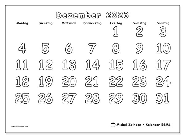 Kalender Dezember 2023 zum ausdrucken. Monatskalender “56MS” und kostenloser Planer zum ausdrucken